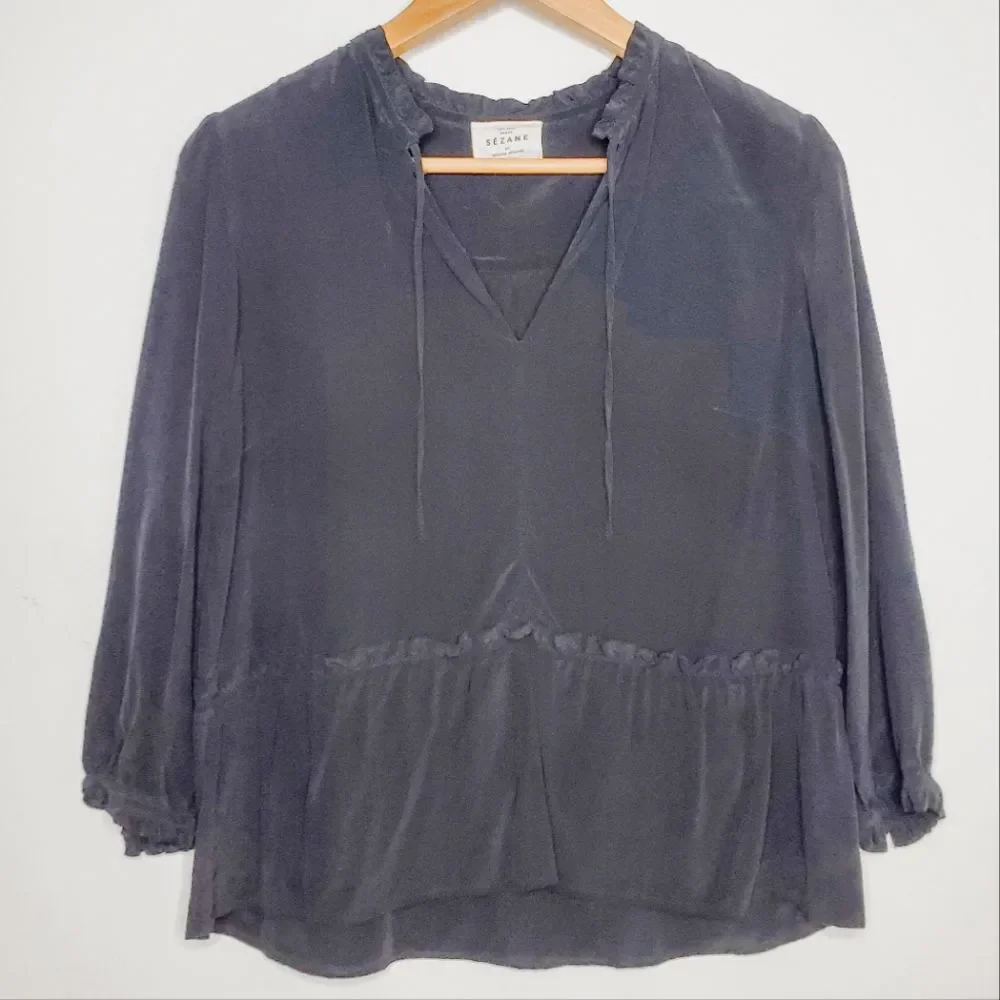 Sezane Black 100% Silk Tie Neck Tiered Ruffled Balloon Sleeve Peasant Blouse 38